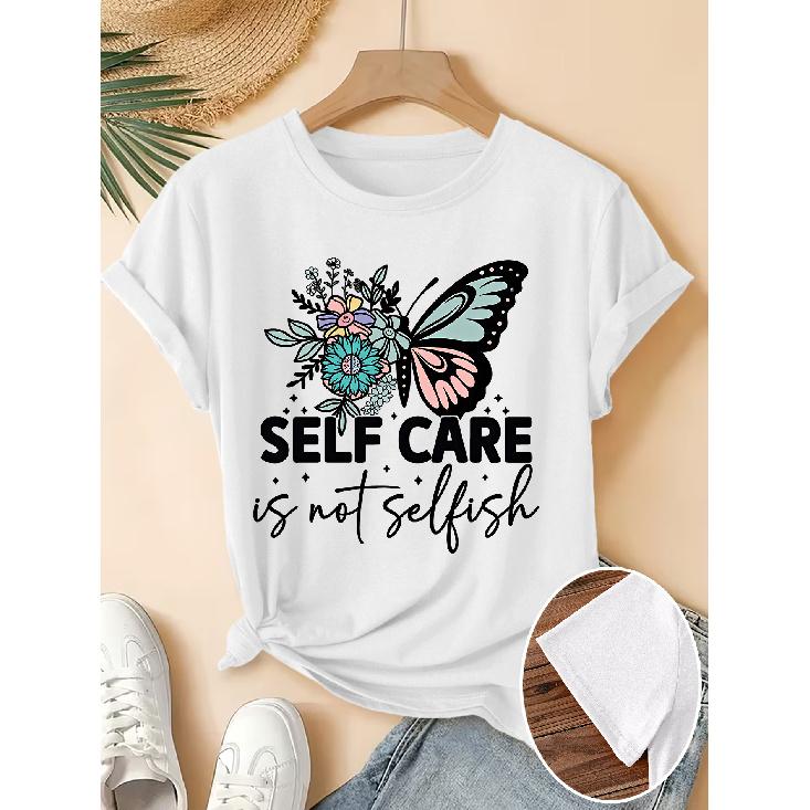 Elegant Women's Short-Sleeve Floral Butterfly Gift SELF CARE Letter Print Pattern Retro Round Neck T Fresh and Natural Style Loose-fitting Shirt