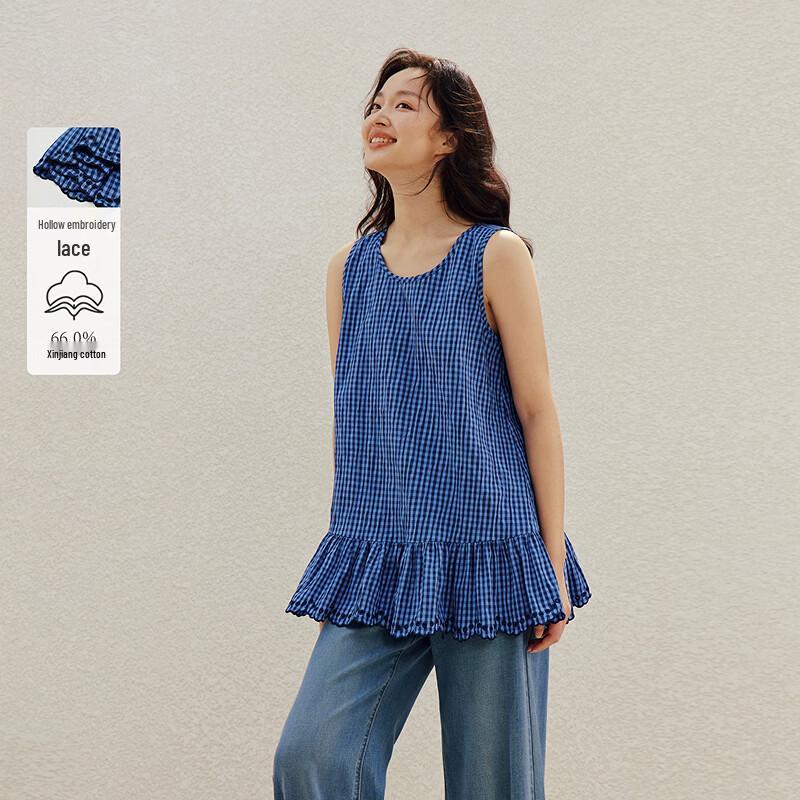 INMAN Women s Retro Plaid Embroidered Sleeveless Top L