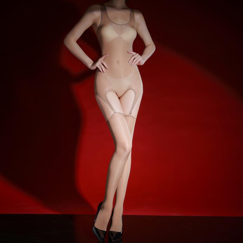 Full Body Glossy Ultra-Thin Garter Stockings Set Sexy Horse Oil Mood Bodysuit Silky Lingerie