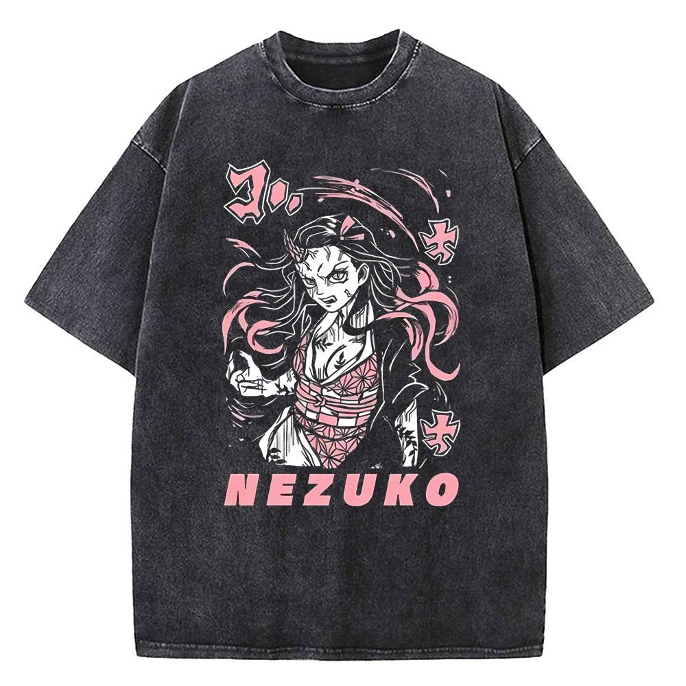 Harajuku Demon Slayer Grafik T-Shirt Herren Vintage Anime Gewaschene T-Shirts für Damen Streetwear Sommer T-Shirts T-Shirt