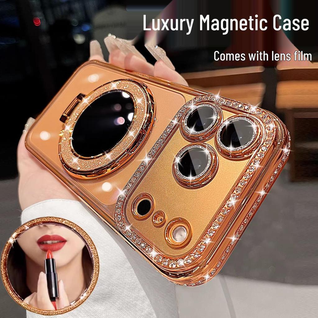 Rhinestone Glitter Mirror iPhone 17 Pro Max Case with Magnetic Stand - Luxury Female Cover, Also Fits iPhone 16 & 15