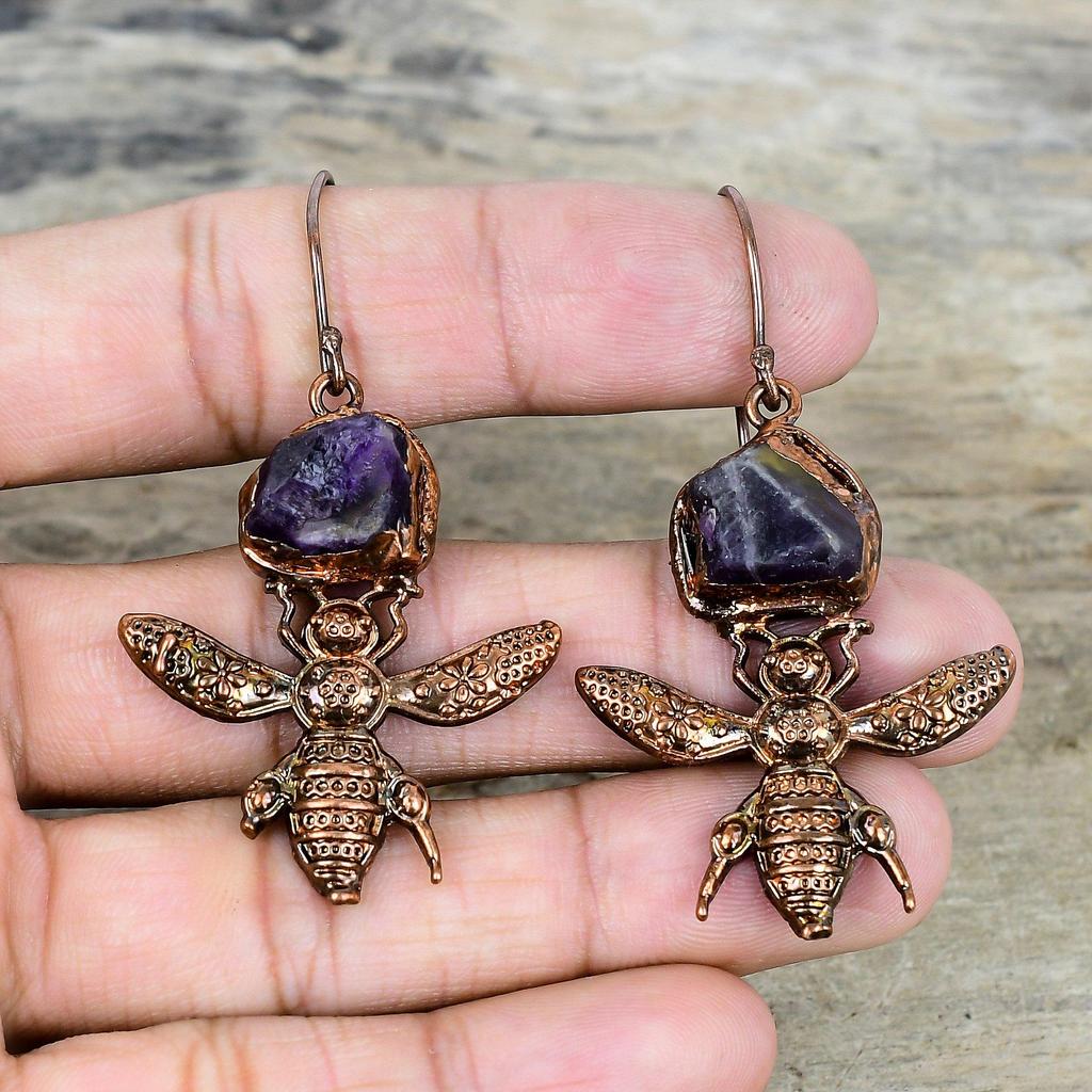 African Amethyst Rough Earring Electroformed Copper Earrings Honey Bee Earring Handmade Jewelry Wedding Gifts Very Pretty Gemstone Earrings