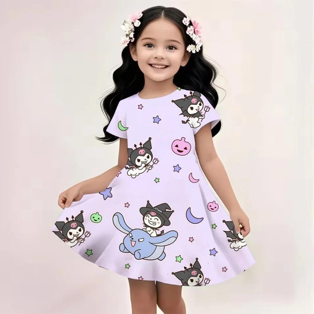 2025 Summer Girls Dress Fashion Cartoon Cute Cinnamoroll &Hello Kitty 3D Printing Dresses Kids Short Sleeve Princess Clothing