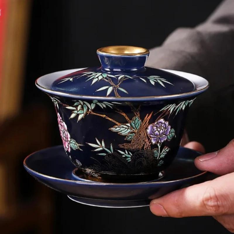 Hand-Painted Celestial Blue Gold Trim Tea Cup, Chinese Gongfu Tea Set with Gift Box - 6-Piece Creative Porcelain Master Cups