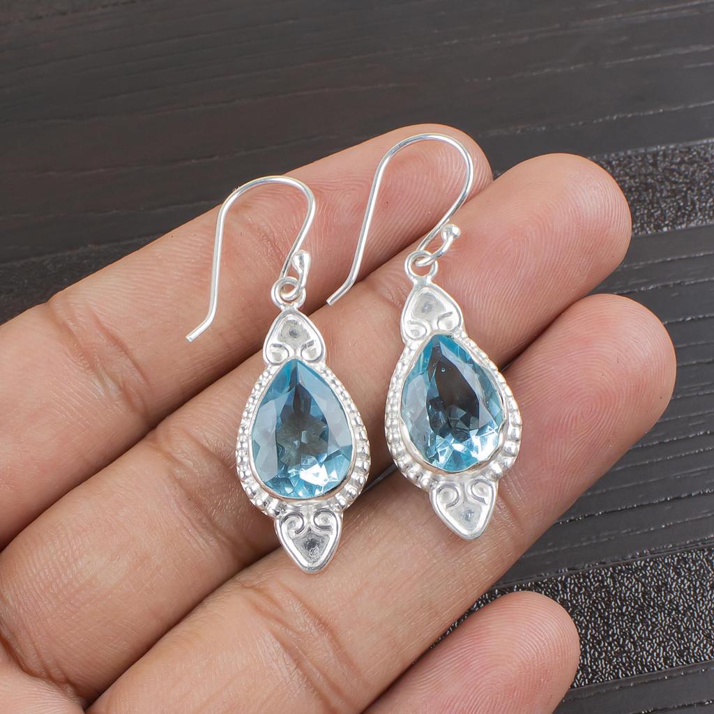 Himmelblauer Topas Edelstein Ohrring, Handgefertigter Wunderschöner Schmuck, 925 Massiv Sterling Silber Schmuck, Böhmischer Ohrring für Hochzeitsgeschenk