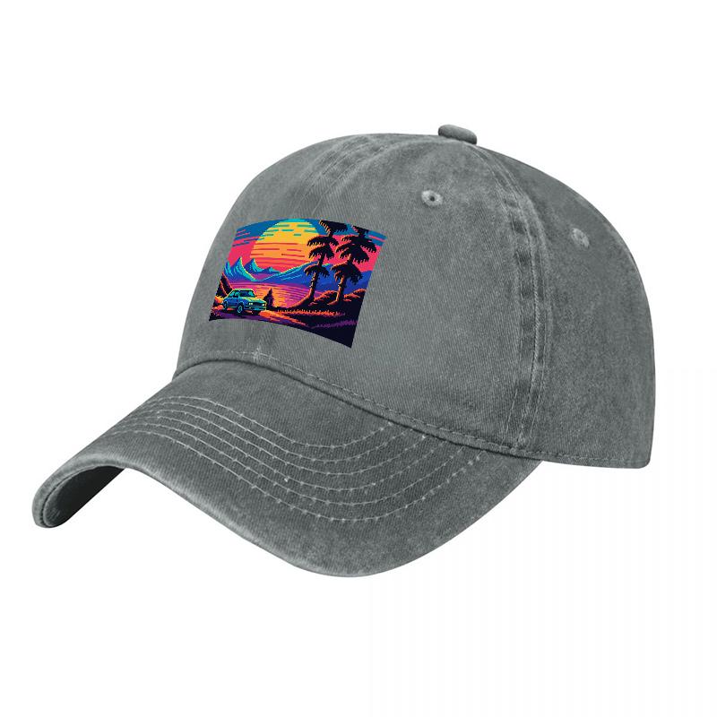 Tropical Sunset Vibes Washed Canvas Baseball Cap with Palm Trees and Classic Car Design Retro Art Style Unisex Adjustable Hat