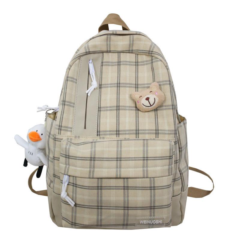 Japanese college style girl backpack Korean version Mori bear Harajuku student backpack small fresh plaid schoolbag female