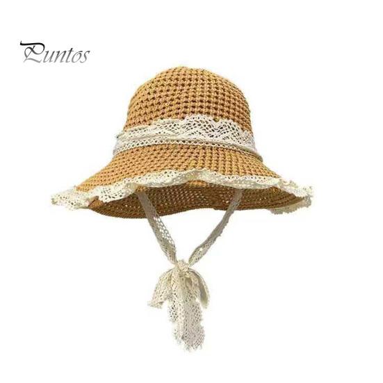 Sonnenhut aus Stroh mit breiter Krempe, gestrickter Fischerhut aus hohlem Stroh mit Spitzenbandverzierung, Sommer-Strandhut für Wanderausflüge und Reisen