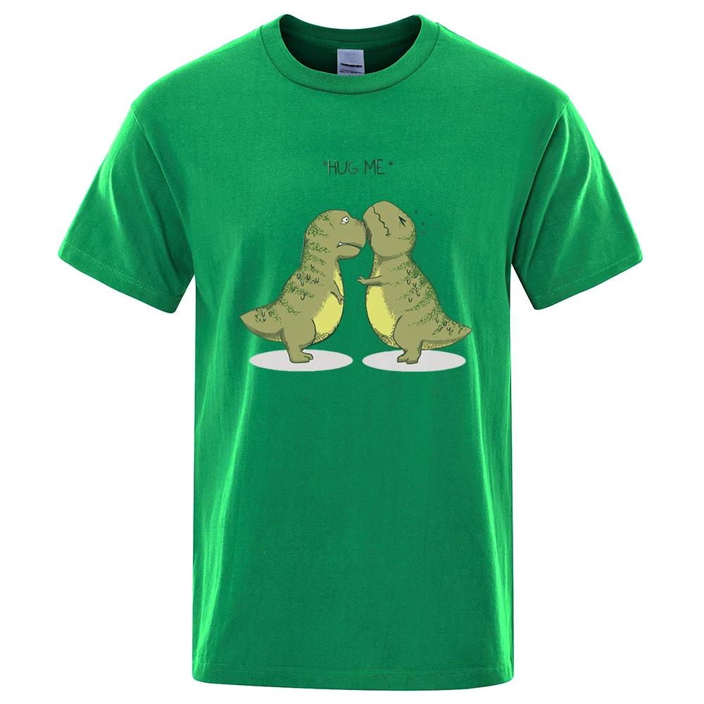 Hug Me Kawaii Green Little Dinosaur Funny Male T Shirts Loose T-Shirts Summer Cotton T-Shirts Oversized Street Short Sleeves