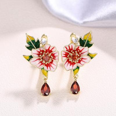 Huitan Gorgeous Flower Earrings for Women Red Flower Green Leaf Aesthetic Enamel Earrings Wedding Party Temperament Lady Jewelry