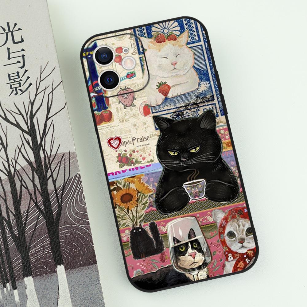 Funny Cartoon Black Cat Phone Case For iPhone 17 Air 16 E 15 14 13 12 11 Pro Max Plus Mini SE 2020 2022 Shockproof Cover Funda
