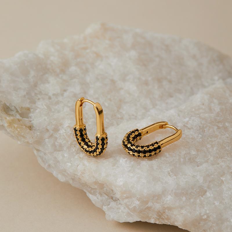 18K Gold Plated Copper U-shape Hoop Earrings with Pave Synthetic Turquoise Minimalist Gold Earrings for Women KE1806