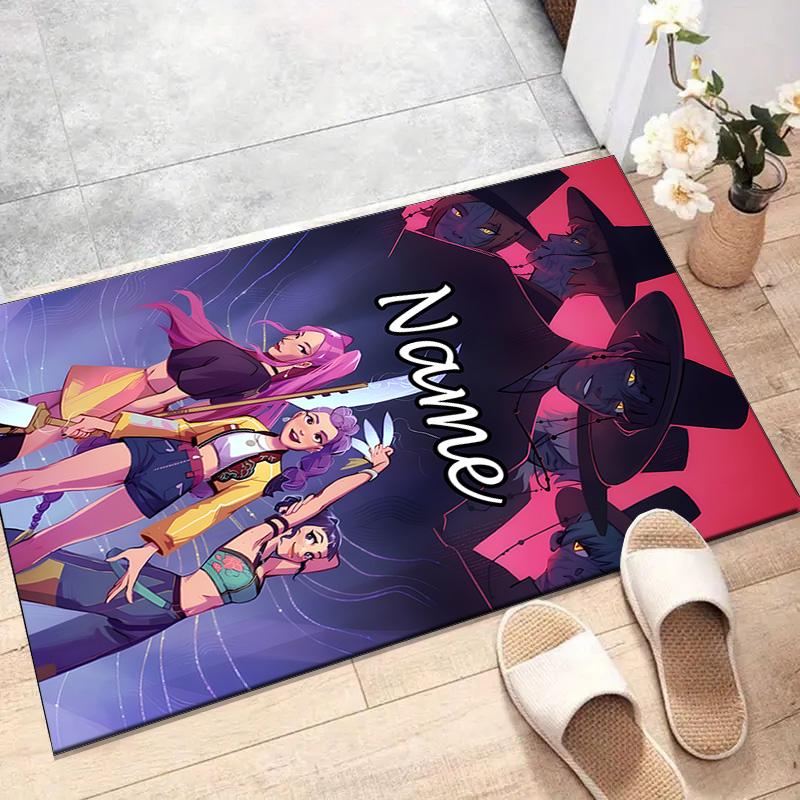 Custom KPop Demon Hunters Mat Personalized Name, Polyester Washable Indoor Entryway Rug, Gift for Christmas, Easter, Thanksgiving Day