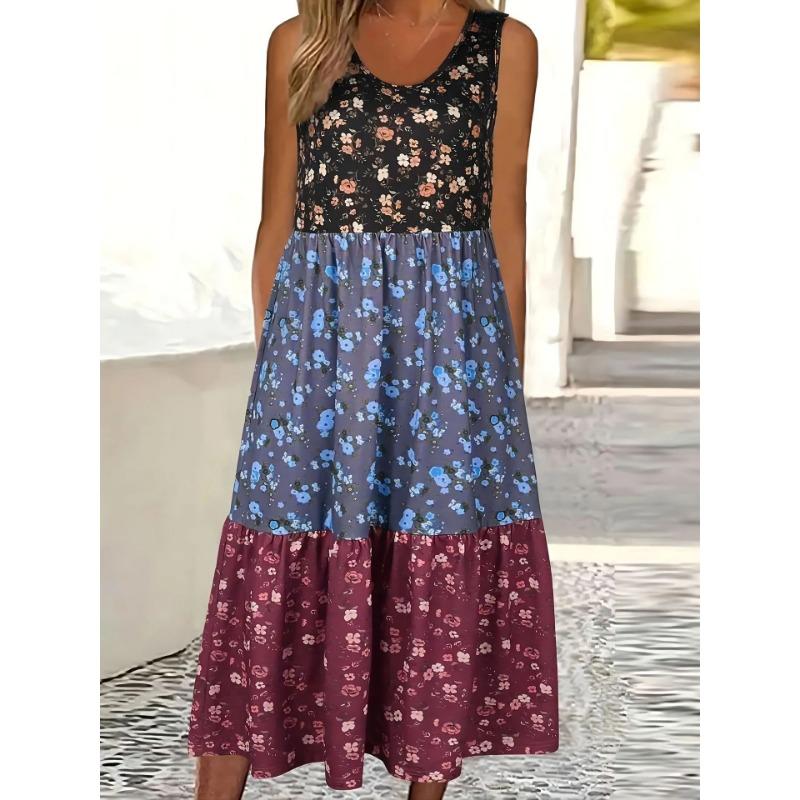 

Новое женское платье-майка средней длины с цифровым принтом на весну и лето 5XL синий