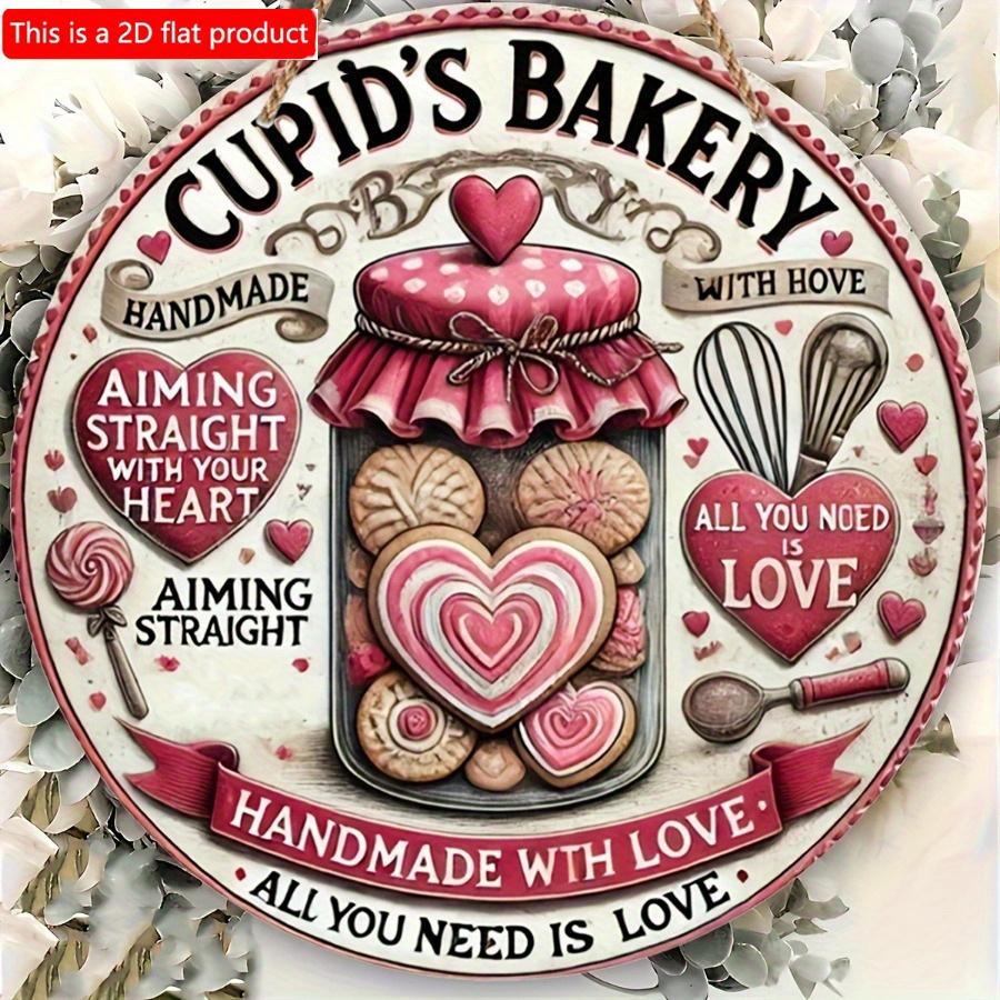 1pc 2d Flat Cupid's Bakery Vintage Valentine's Day Wooden Wreath Sign - 20cm Romantic Retro Wall Decor for Home, Office