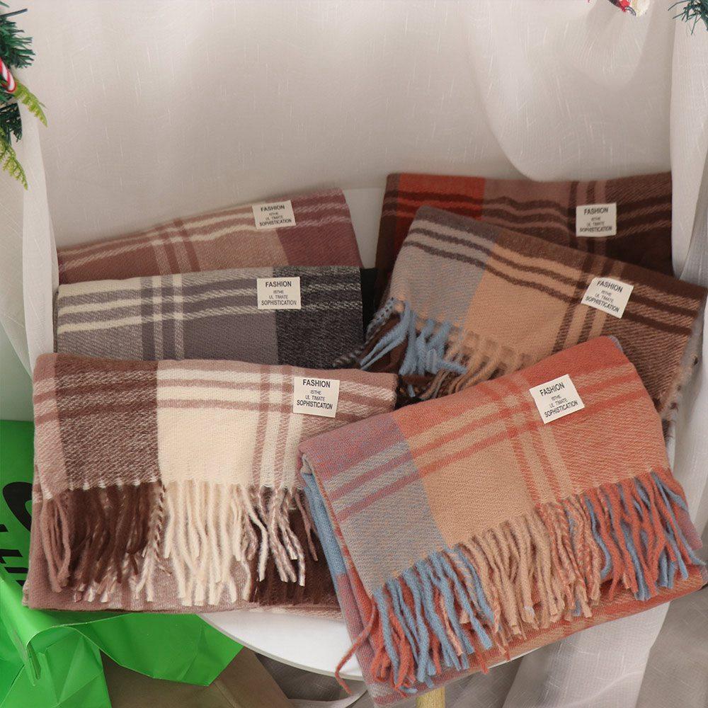 Windproof Plaid Wool Scarf Long Tessel Men Scarf Casual Winter Cashmere Scarf Female