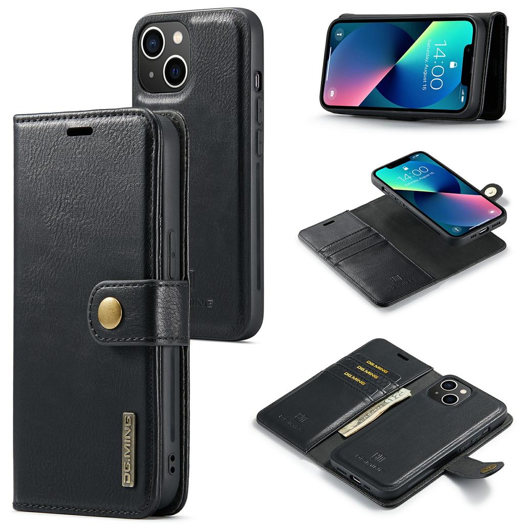 DG.MING For iPhone 15 Anti-Scratch Split Leather Wallet Stand Cover Detachable Magnetic Phone Case Shell