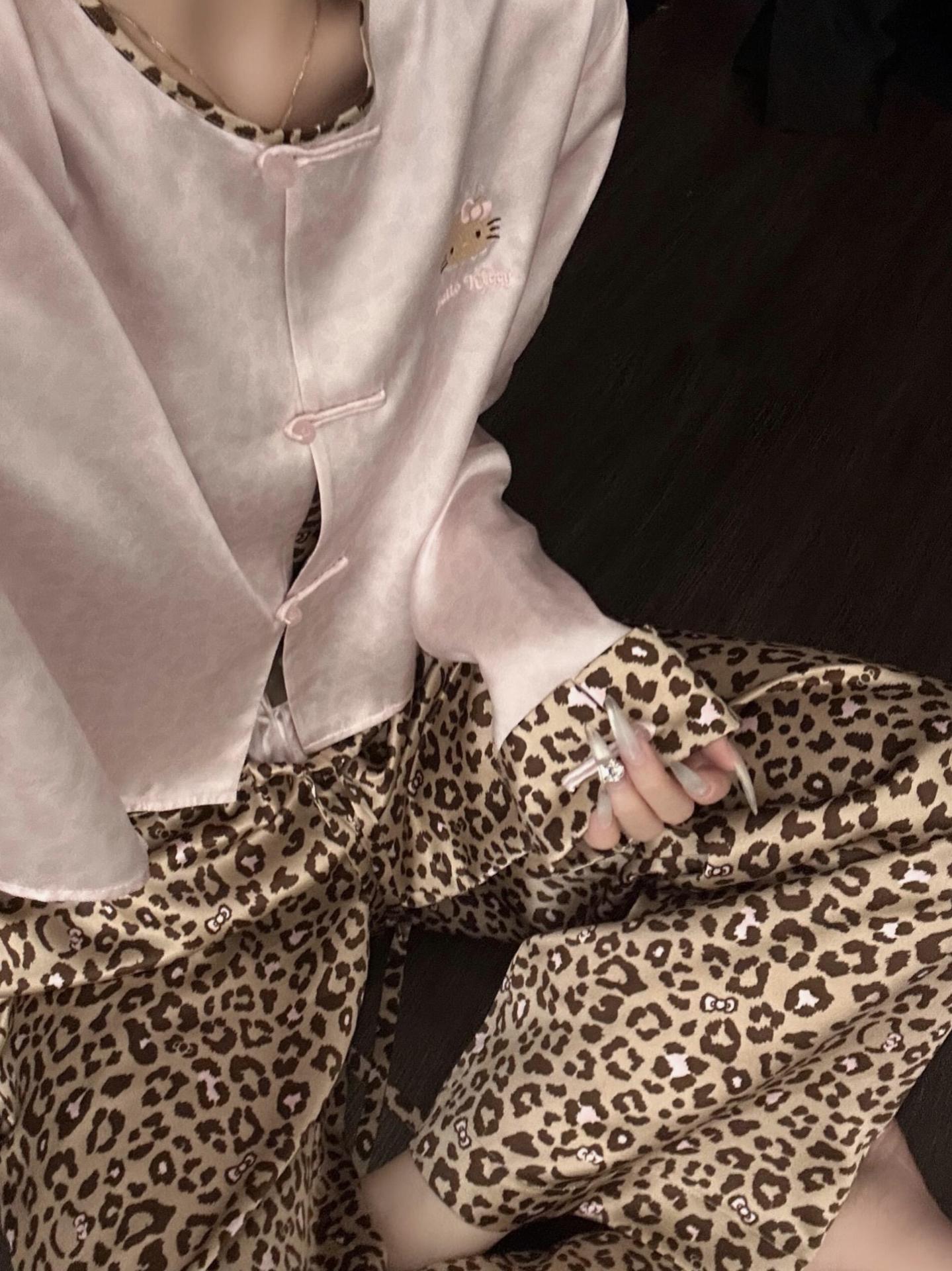 New Chinese Hello Kitty Ice Silk Pajamas Women s Spring and Autumn New Satin Pink Long Sleeve Trousers Loungewear Set S