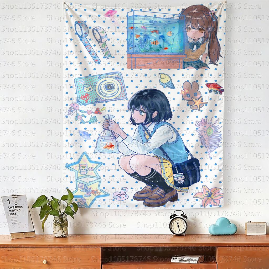 Kawaii Anime Girl Wall Hanging Tapestry Cute Fashion Bedroom Background Home Decor Original Design Wall Tapestries