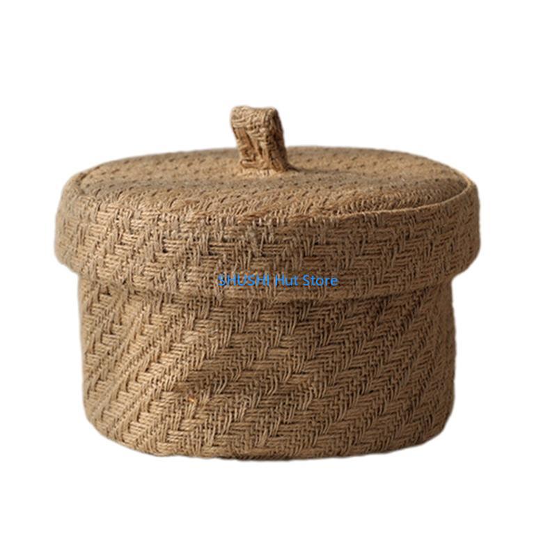 Jute Storage Basket Desktop Hand-Woven Baskets Needle Thread Bag Container D57B