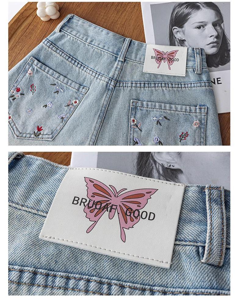Women's High-Waist Embroidered Denim Shorts - Summer 2025, Slimming A-Line, Chinese Style Ice Silk Hot Pants