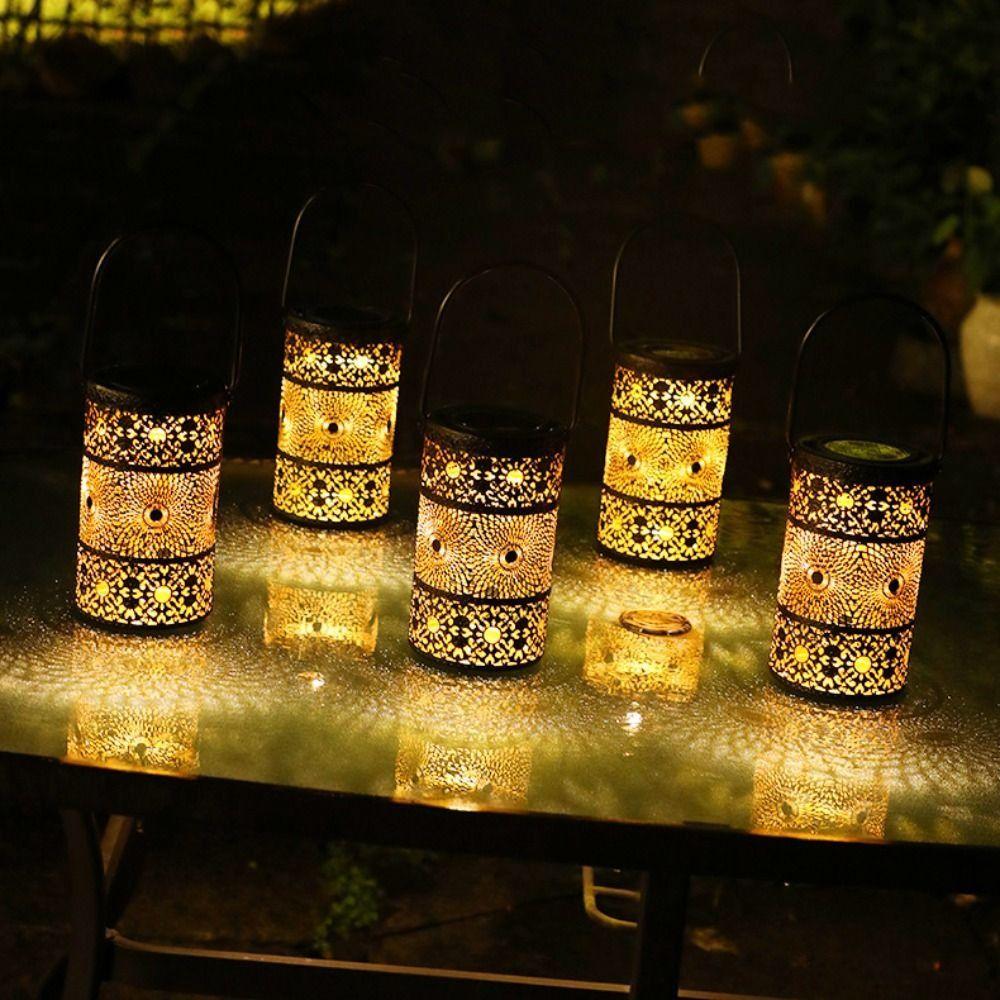 Art Retro LED Solar Night Light Hanging Vintage Hollow Lantern Light Waterproof Creative Solar Projection Lamp Fence Street