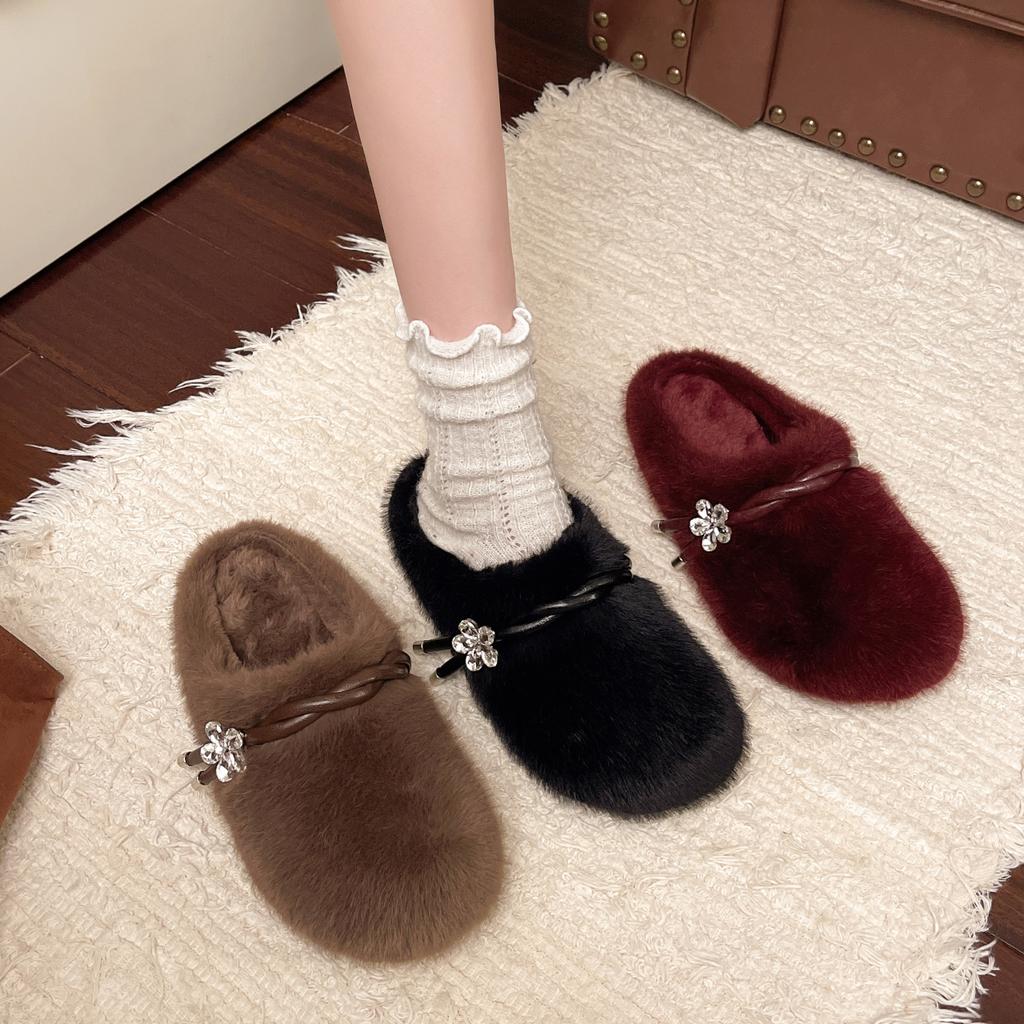 Fashion Designer Spring Autumn Women Warm Fur Shoes Fashion Shallow Slip on Ladies Flats Shoes Round Toe Women's Mary Jane Shoes