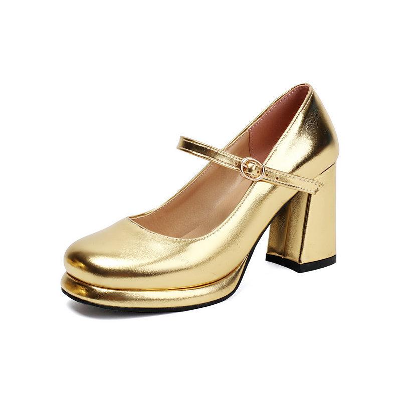 Mary Jane Women's Single Shoes Gold Silver Square Head Platform Thick Heel High Heel One-word Buckle High Heel Women's Shoes Casual Women's Shoes