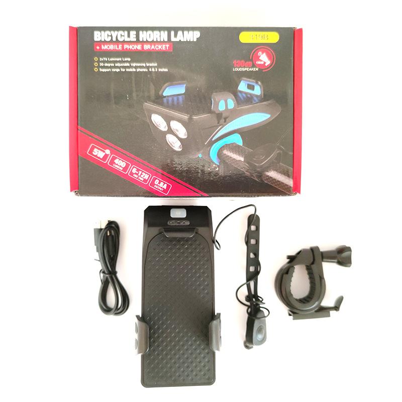Przednia lampka rowerowa 4 w 1 Ładowanie Mocne światło Nocna lampka do jazdy z klaksonem Rowerowy uchwyt na telefon komórkowy Akcesoria do sprzętu jeździeckiego