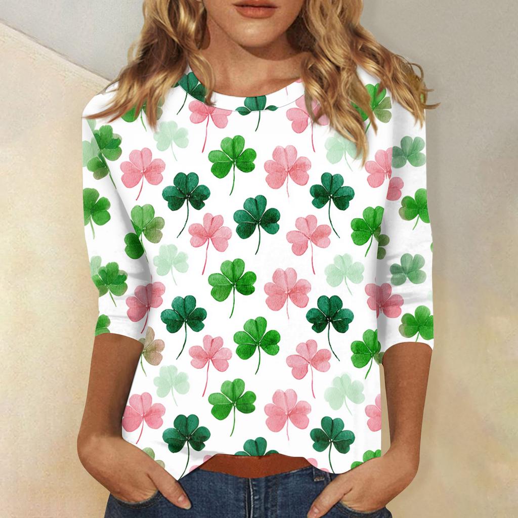Damenoberteile Dreiviertelarmshirt Rundhalsausschnitt Lockeres Freizeitshirt Druck T-Shirt