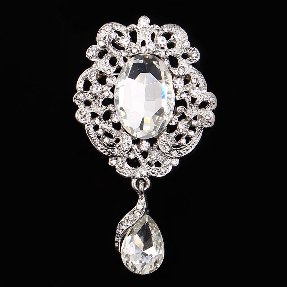 DIEZI Luxury Gold Silver Color Crystal Flower Bridal Brooches for Wedding Women Party Rhinestone Bouquet Water Drop Brooch Pins