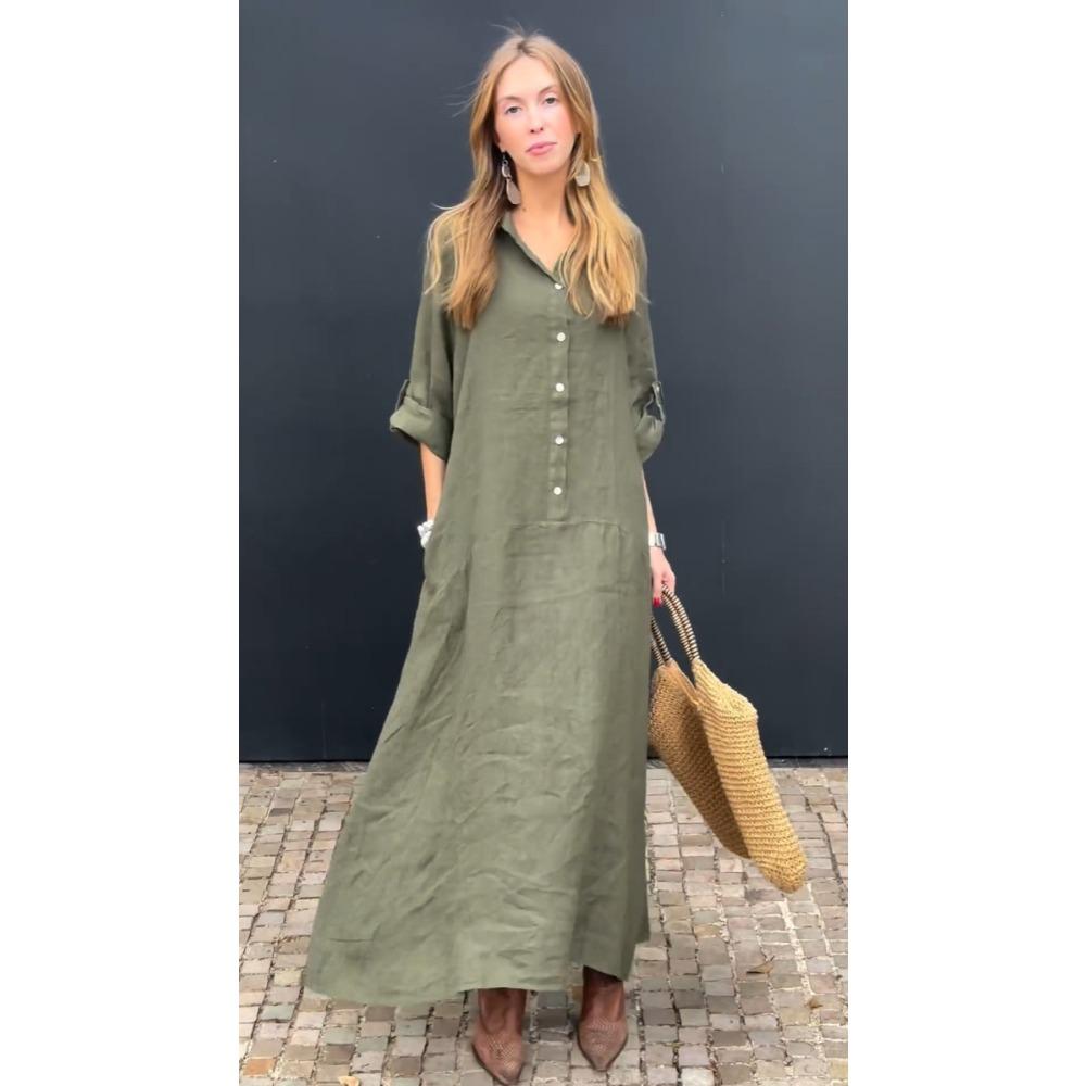 Women's Cotton Linen Turn-down Collar Solid Pullover Straight Knee Length Pockets Casual Dress