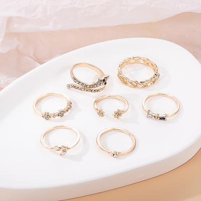 7PCS Boho Knuckle Stacking Rings Set Gifts for Women Teen Girls Dainty Gold Zircon Crystal  Moon Snake Joint Knot Mid Ring