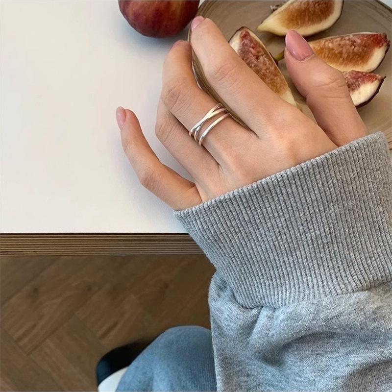 Korean simple 925 sterling silver cross three-layer ring cold wind index finger ring niche design open ring