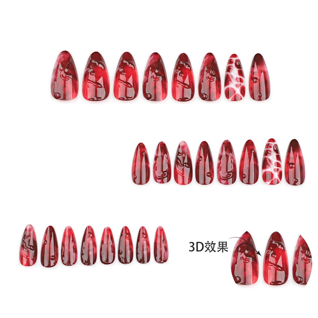 European and American Popular Halloween Short Almond Manicure 3D Blood Red Smudge Nails Fake Nails