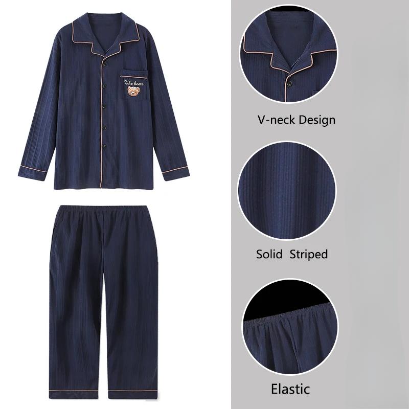 Cotton Men Pyjamas High-Grade and High-Quality 2PCS/Set Long-Sleeved Cardigan Homewear Black Striped Plaidsleepwear