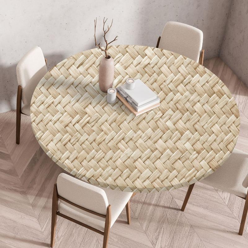 Wooden Patterns Round Table Cover Waterproof Oilproof Stain-Resistant Print Elastic Tablecloth for Kitchen Home Dustproof Decor