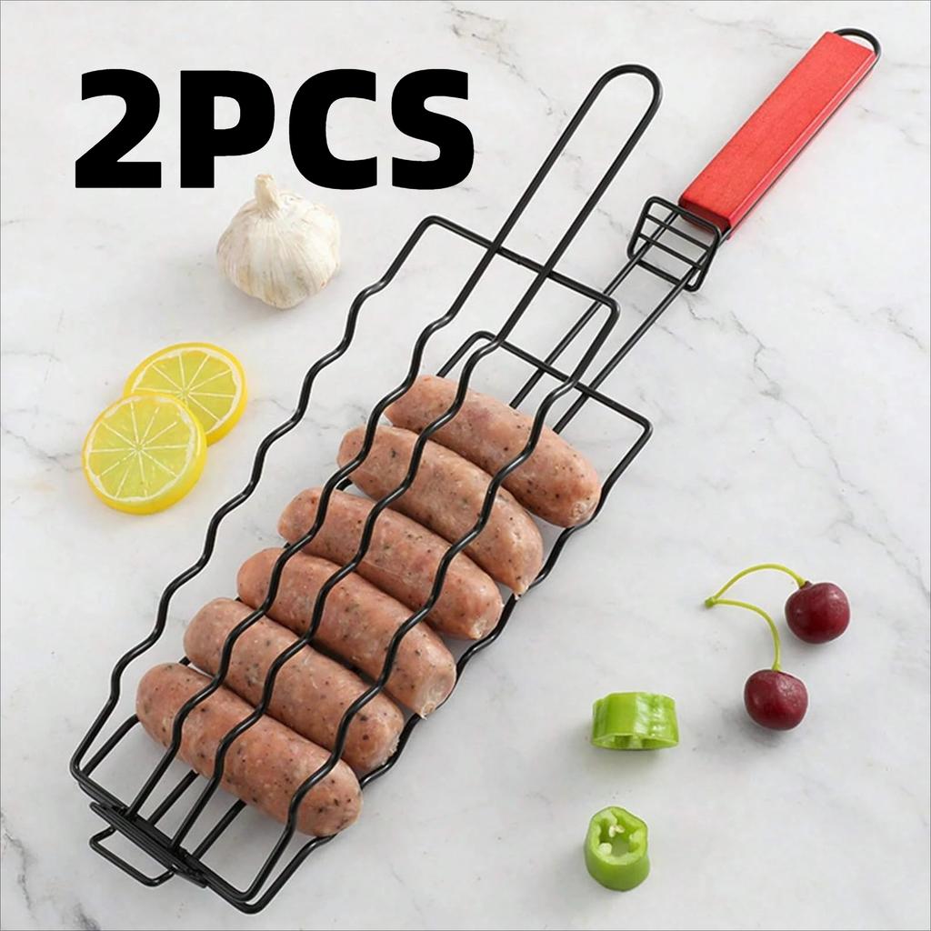 2 Stück Würstchengrill mit hitzebeständigem Griff BBQ Kochwerkzeug Fischklemme Antihaft Camping Hinterhof Gartenparty Outdoor