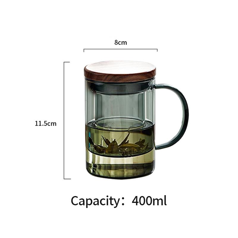 400ml Light Tea Smoke Gray Heat-Resistant Borosilicate Glass Filter Tea Cup-with walnut-colored Lid | Solo Cup | Handle Cup 400ml