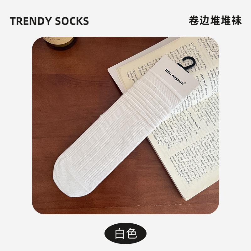 Socks Autumn Stacking Socks Mesh Breathable Crimped Boneless Cotton Socks Versatile Solid Color Medium Tube Socks Socks Industry
