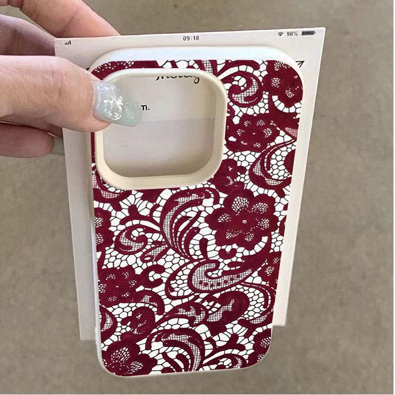 Red Lace Floral Pattern Phone Case For iPhone 17 16 15 14 Plus 13 12 11 Pro MAX Air 16E Screen Protector Casing Shockproof Cover