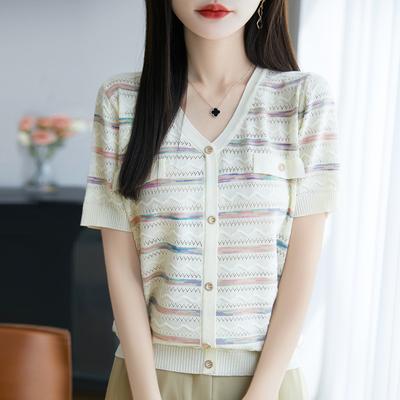 Ice Silk Spring and Summer New Women's V-neck Short Fashion T-shirt Thin Base Layer Short Sleeve