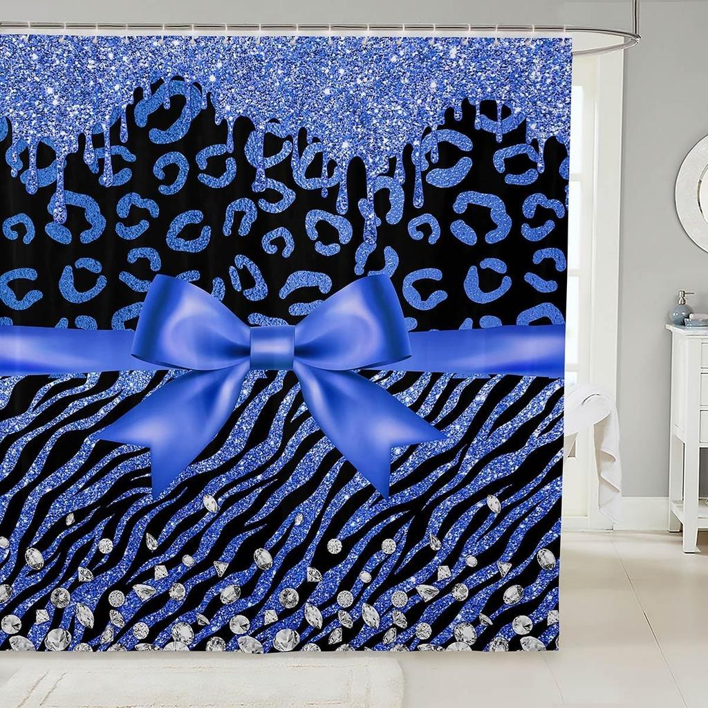 Pink Bowknot Glitter Shower Curtain Abstract Leopard Cheetah Zebra Skin Girls Women Bow-tie Shining Diamond Bathroom Curtain