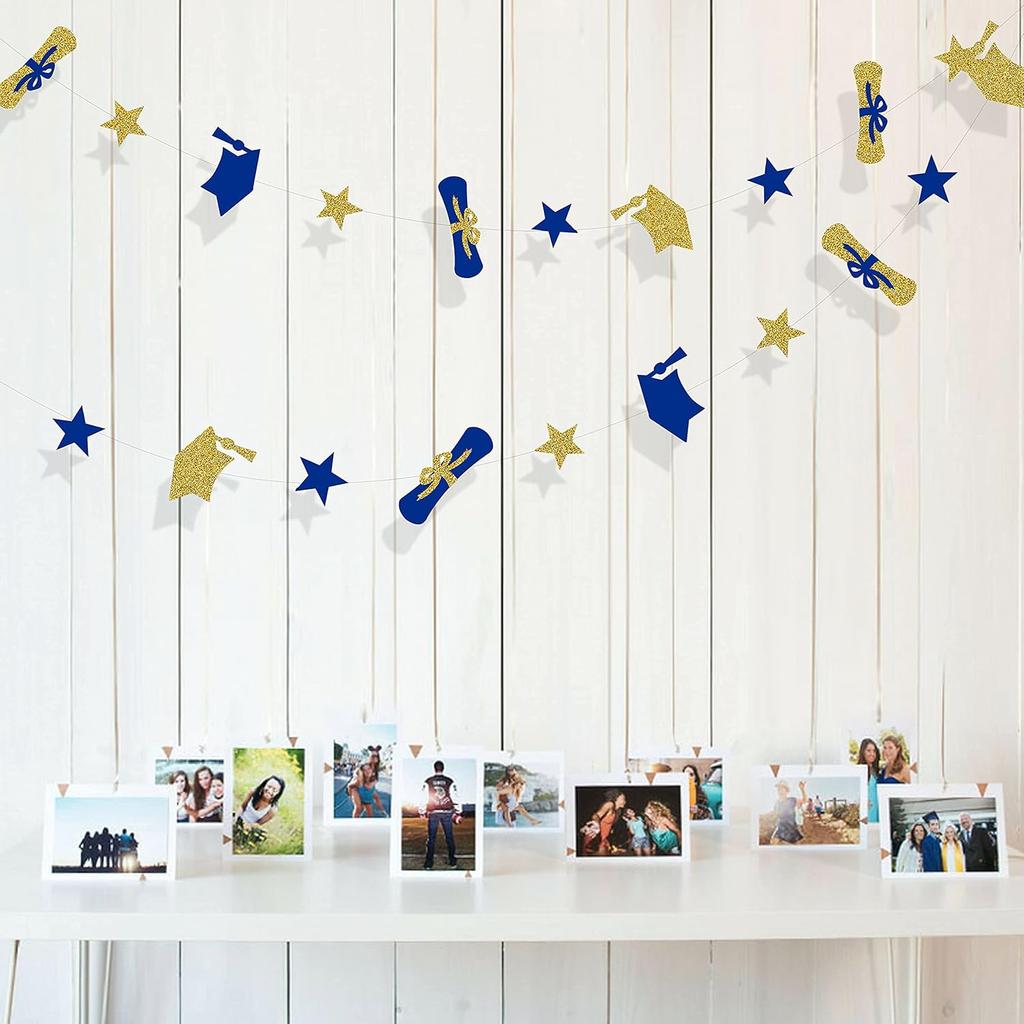 Pinkblume Navy Blue Gold Graduation Hat Diploma Star Garland Banner Bunting Streamer Backdrop for Graduation Party Supplies Classroom Middle High