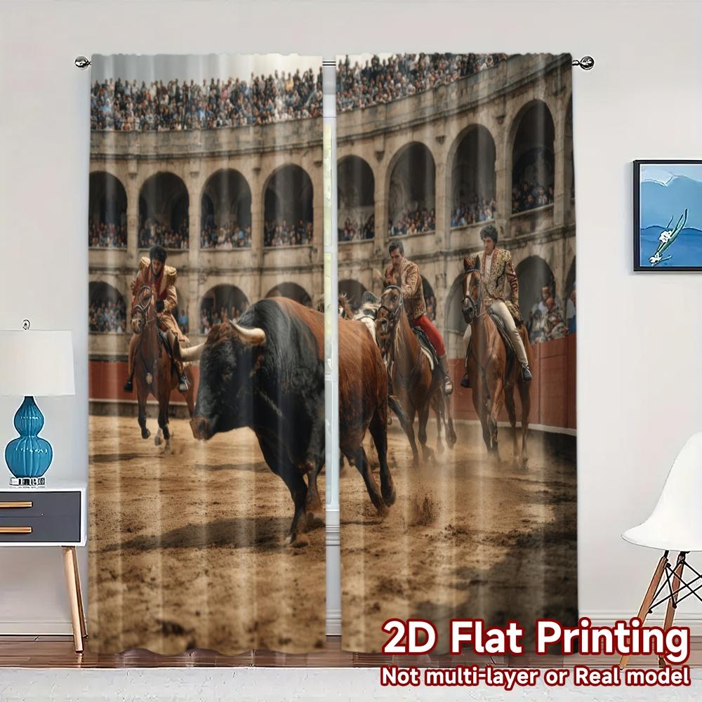 

Set Of 2 Modern Flat Printing Curtains Without Rod Bullring Drama Prints Curtain With Sheer Polyester W100*H70(CM)-Grommet top&1PCS