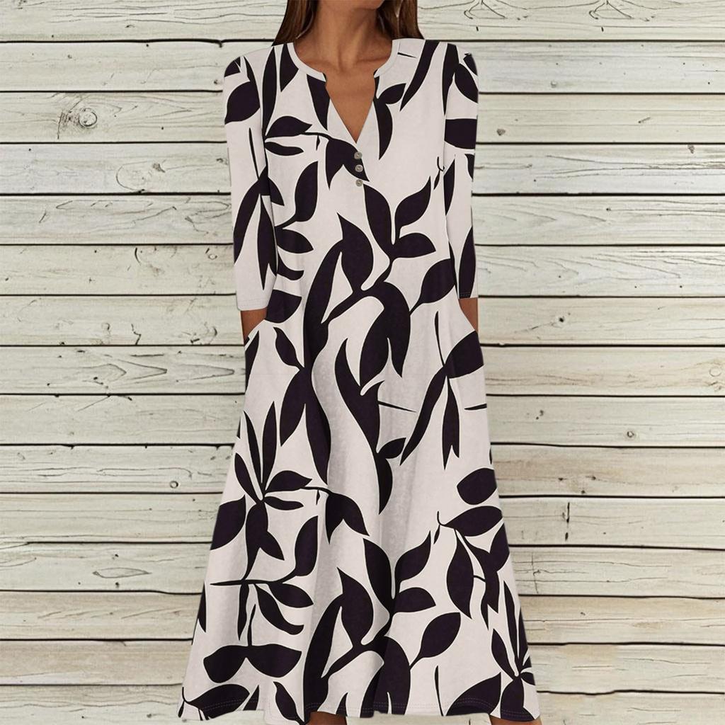 Women's Summer Casual V-Neck Button Vintage Floral Print Three-quarter Sleeve Long Dress With Pockets