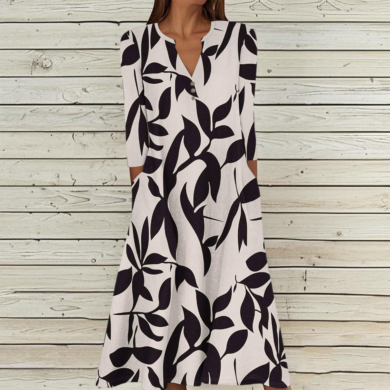 

Жіноча літня повсякденна сукня максі з V-подібним вирізом, на ґудзиках, вінтажним квітковим принтом, рукавами три чверті та кишенями L бежевий