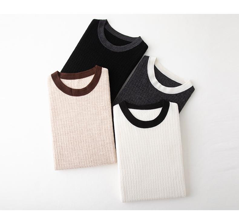 Women's 100% Wool Short-Sleeve Color Block Sweater - Warm, Comfortable, Versatile Round Neck Base Layer Knitwear for Autumn/Winter.
