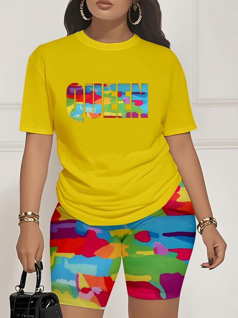 Color code European and American women's clothing painting printing T-shirt shorts set sports suit