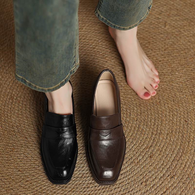 Krazing Pot Sheepskin Autumn Winter Shoes Slip on Med Heels Size 42 Square Toe Brown Color Pumps